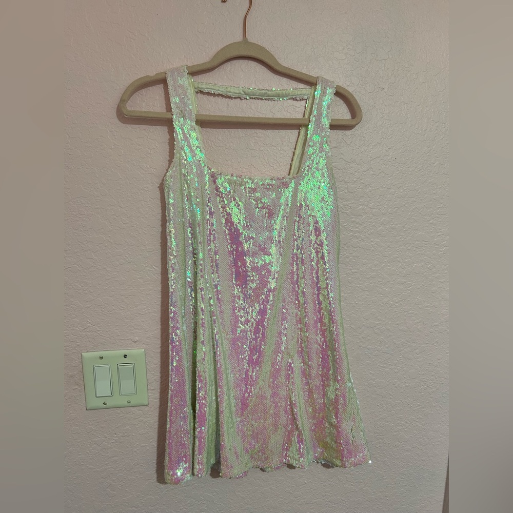 Tobi iridescent pink and white sequin mini shift dress